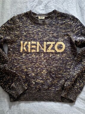 KENZO PARIS Multicolor Gold Logo Melange Wool Blend Knit Sweater